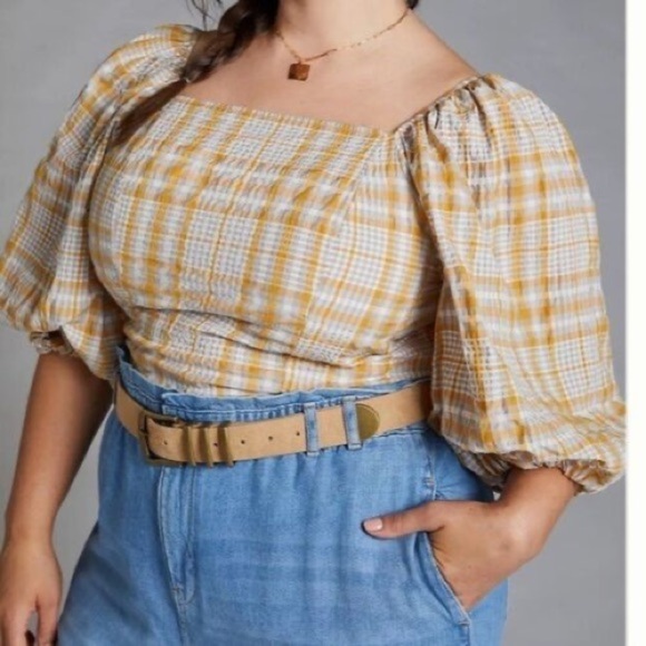 Anthropologie Maeve Plaid Square Neck Puff Sleeve Plus Size 3X Blouse - Picture 2 of 13
